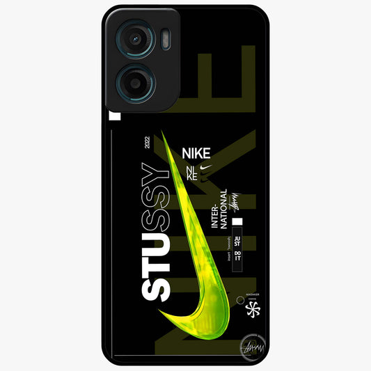 Neon Street Edition Glass Case showing flat back view with neon street style artwork and glossy glass finish.