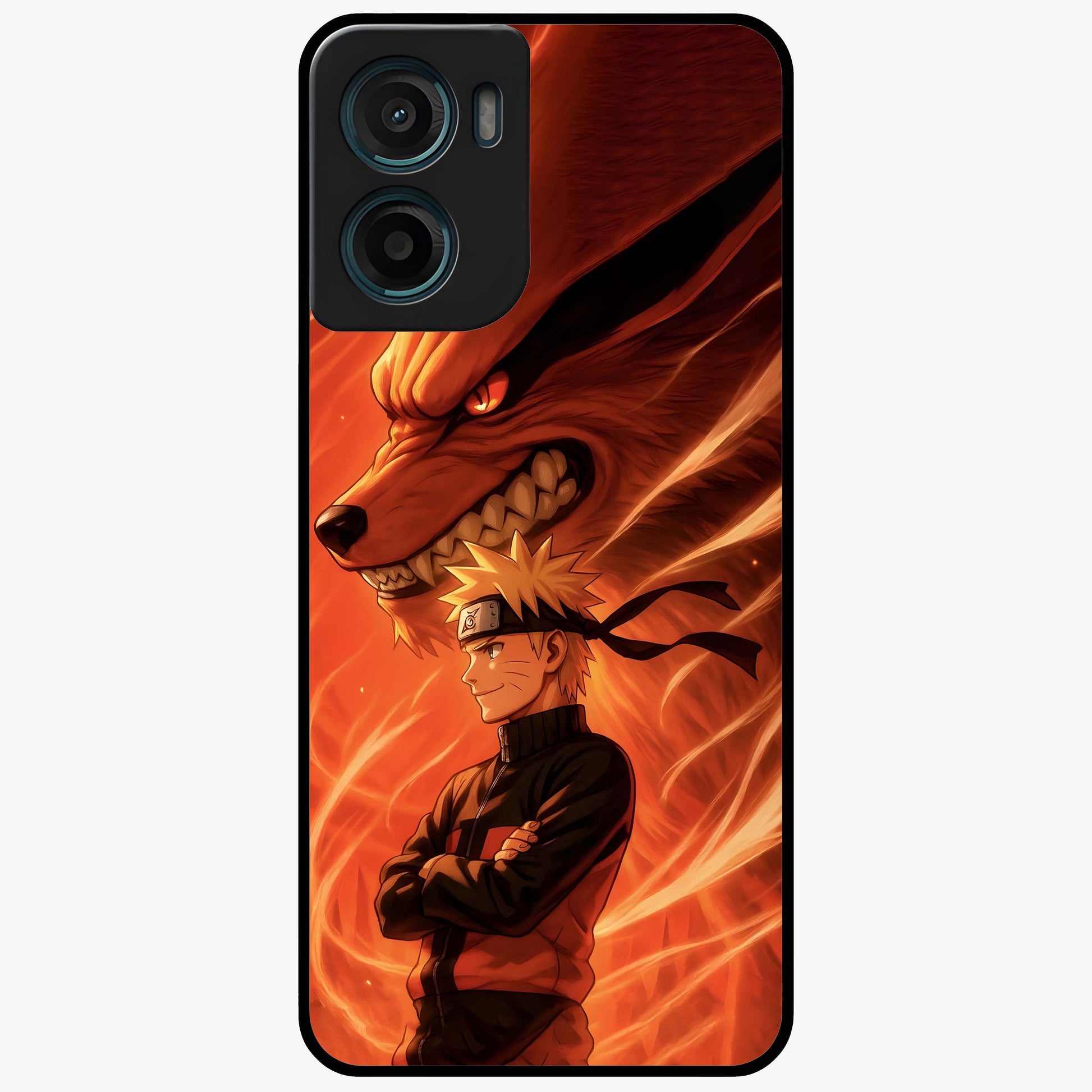 Nine Tails Legacy Glass Case showing flat back view with powerful nine-tailed fox inspired artwork and glossy glass finish.