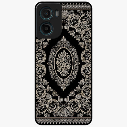 Noir Bloom Elegance Glass Case showing flat back view with elegant dark floral artwork and glossy glass finish.