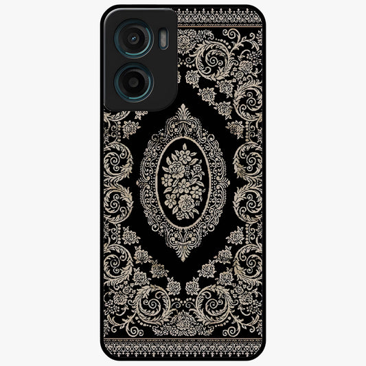 Noir Bloom Elegance Glass Case showing flat back view with elegant dark floral artwork and glossy glass finish.
