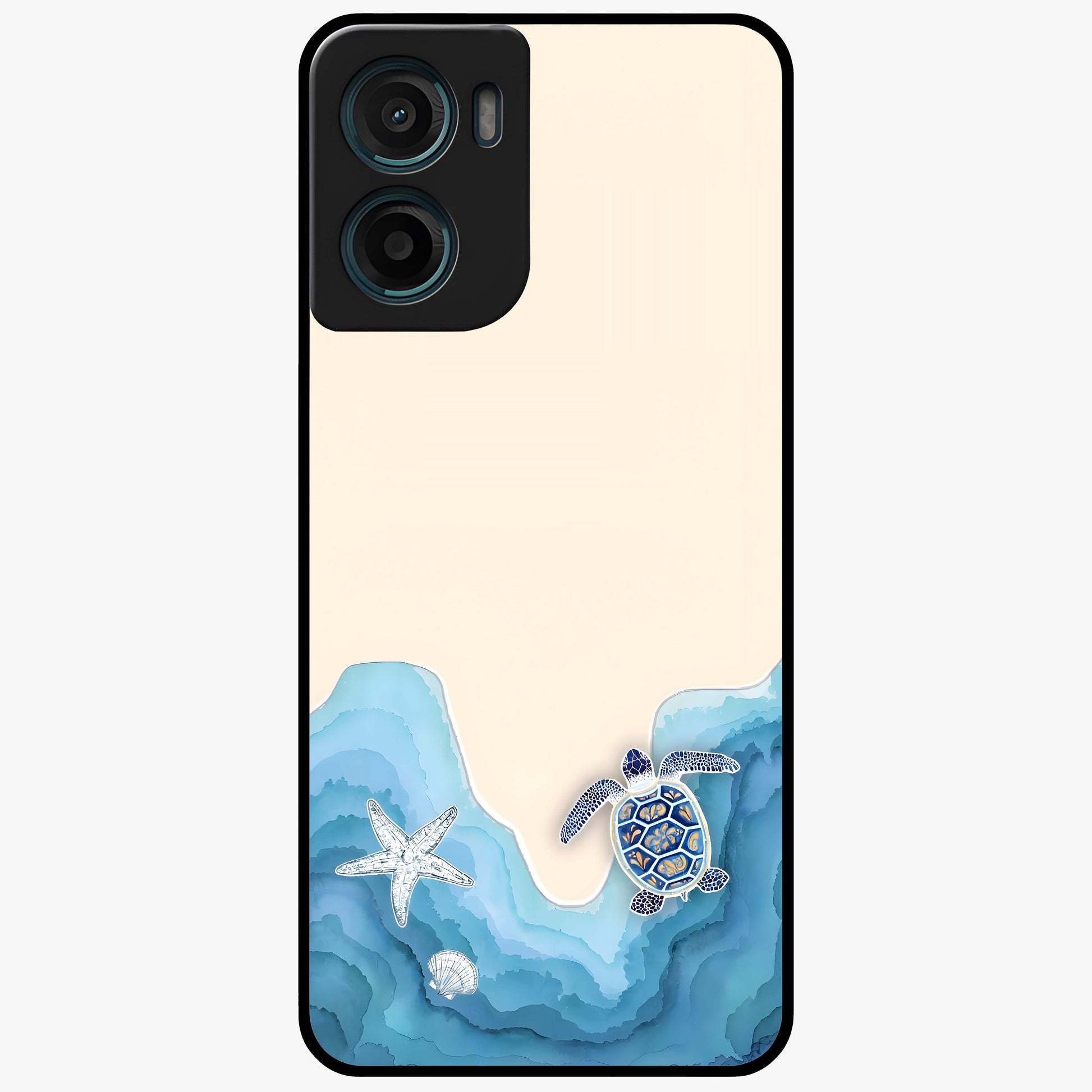 Ocean Drift Turtle Glass Case showing flat back view with sea turtle artwork and glossy glass finish.