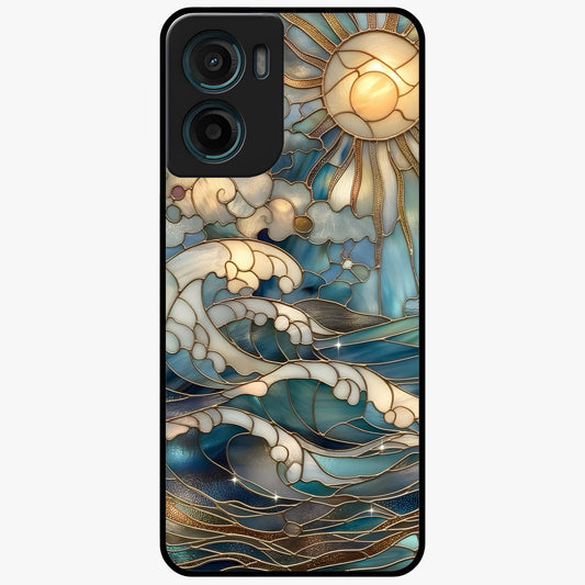 Oceanic Stained Printed Glass Case showing flat back view with ocean inspired stained pattern artwork and glossy glass finish.
