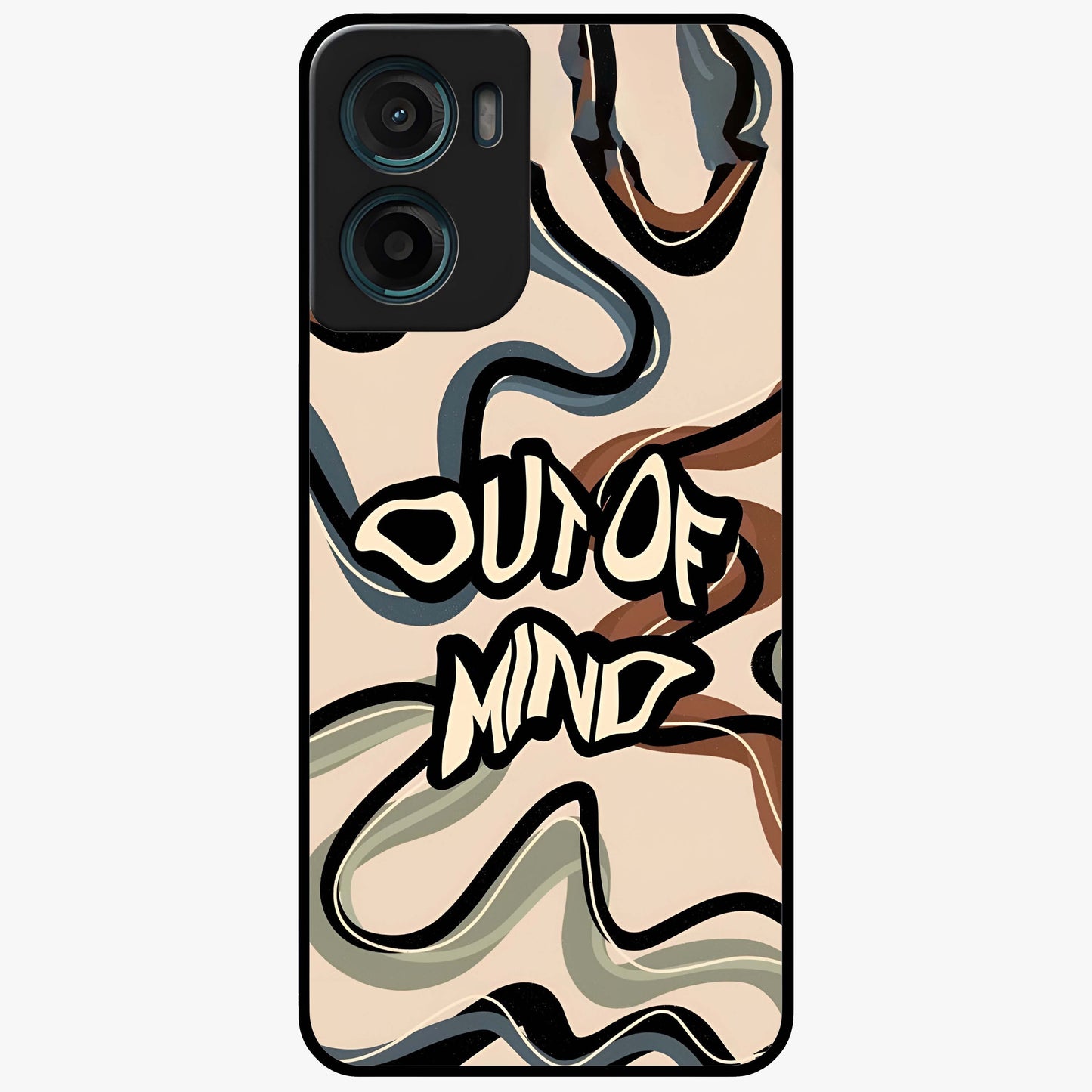 Out Of Mind Glass Case showing flat back view with expressive typography artwork and glossy glass finish.
