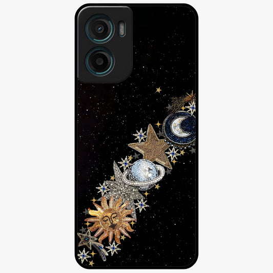 Pearls Universe Object Glass Case showing flat back view with pearl inspired cosmic artwork and glossy glass finish.