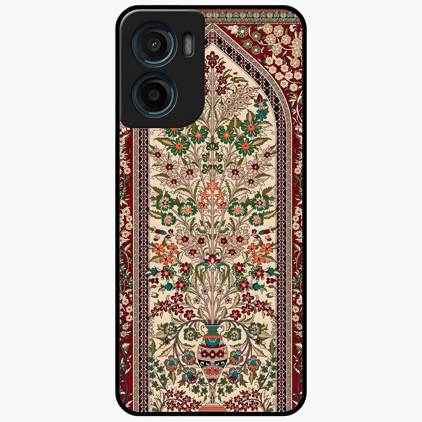 Persian Inspired Glass Case showing flat back view with ornate Persian style pattern artwork and glossy glass finish.