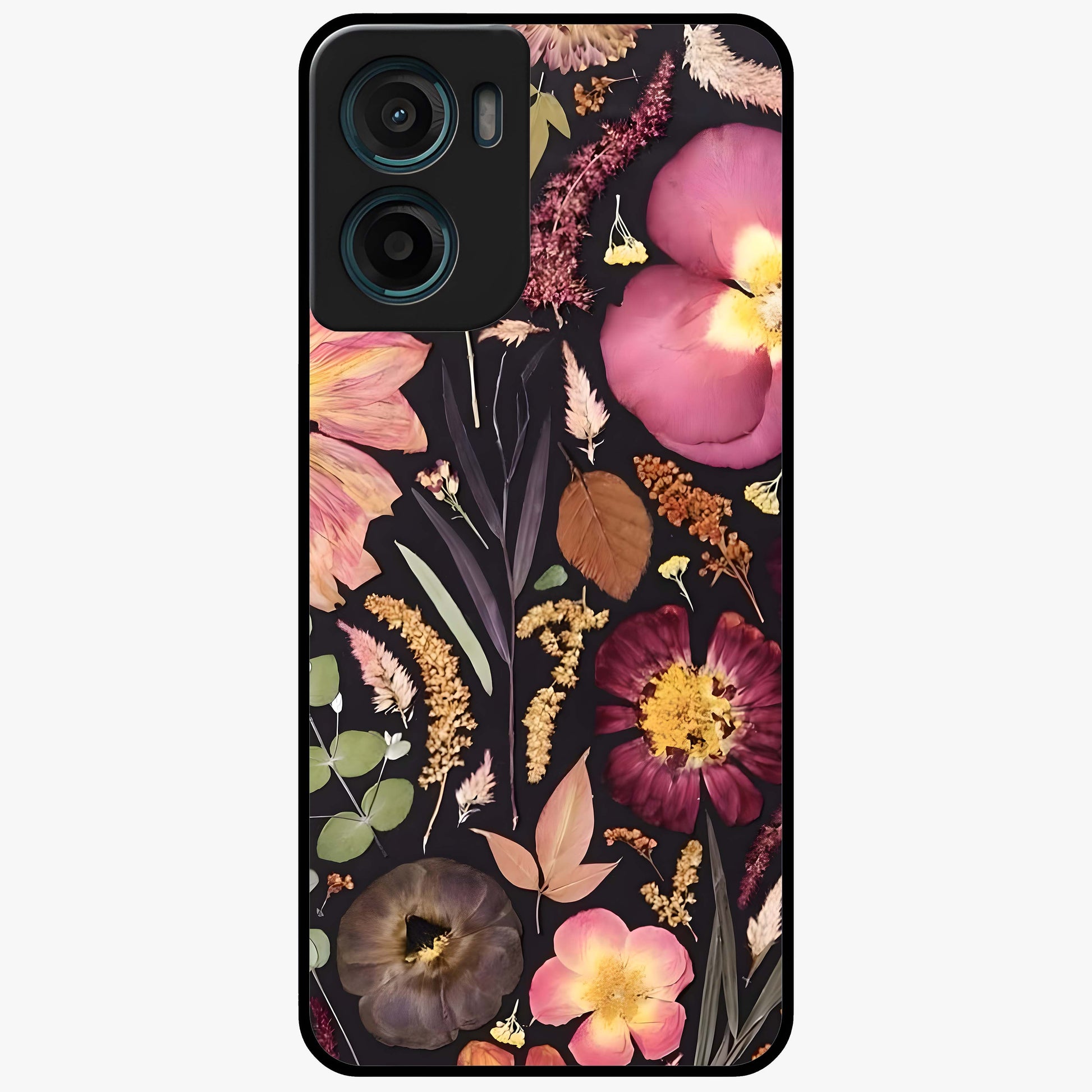 Petal Dream Tapestry Glass Case showing flat back view with intricate floral tapestry artwork and glossy glass finish.