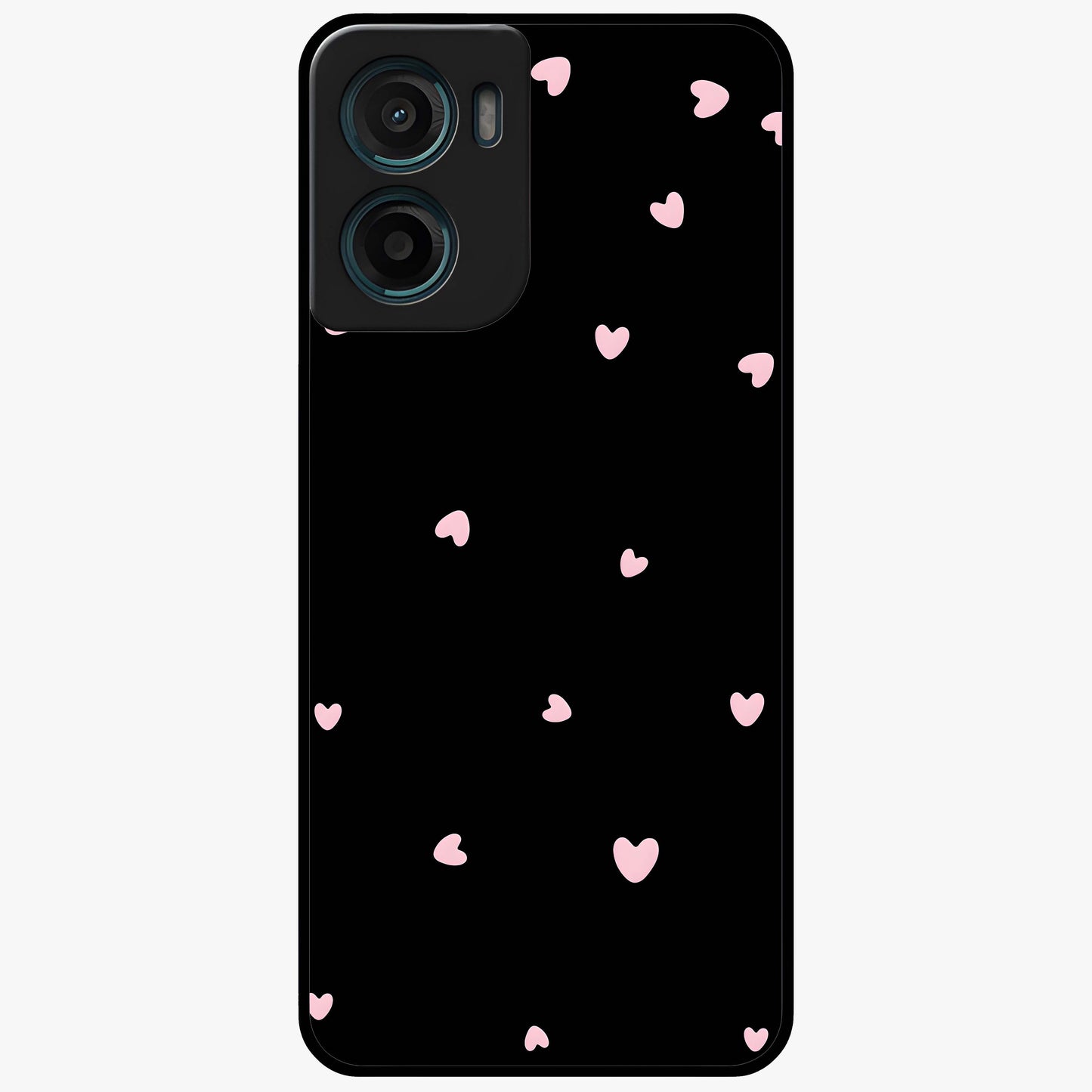 Pink Love Drops Glass Case showing flat back view with playful pink heart drops artwork and glossy glass finish.