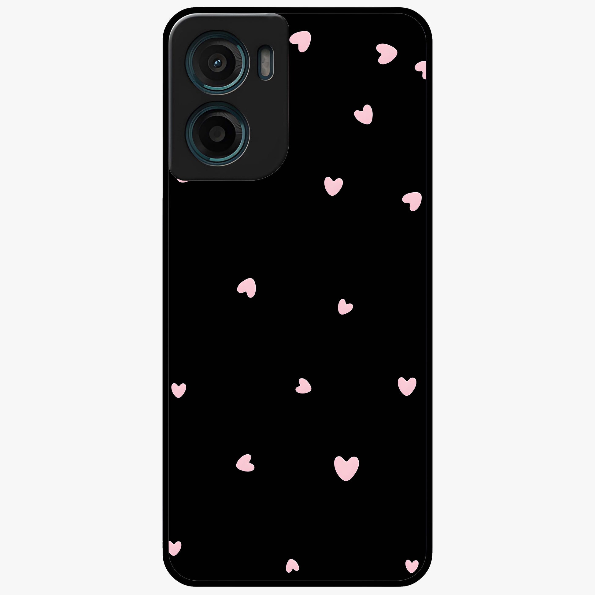 Pink Love Drops Glass Case showing flat back view with playful pink heart drops artwork and glossy glass finish.