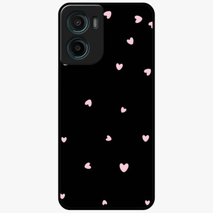 Pink Love Drops Glass Case showing flat back view with playful pink heart drops artwork and glossy glass finish.