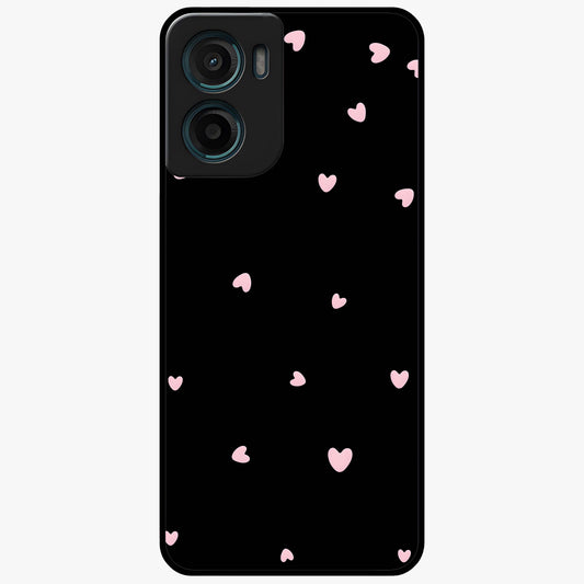 Pink Love Drops Glass Case showing flat back view with playful pink heart drops artwork and glossy glass finish.