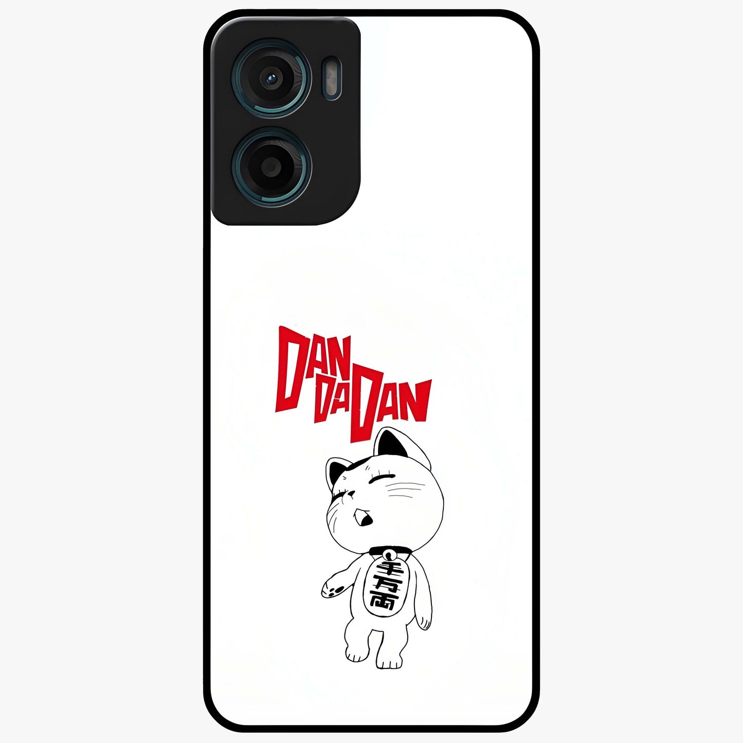 Playful Spirit Charm Glass Case showing flat back view with cheerful charm themed artwork and glossy glass finish.