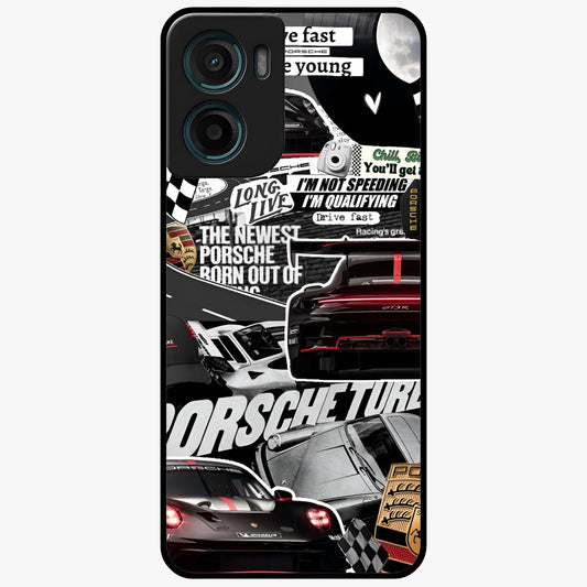 Porsche Racing Collage Glass Case showing flat back view with sports car racing collage artwork and glossy glass finish.