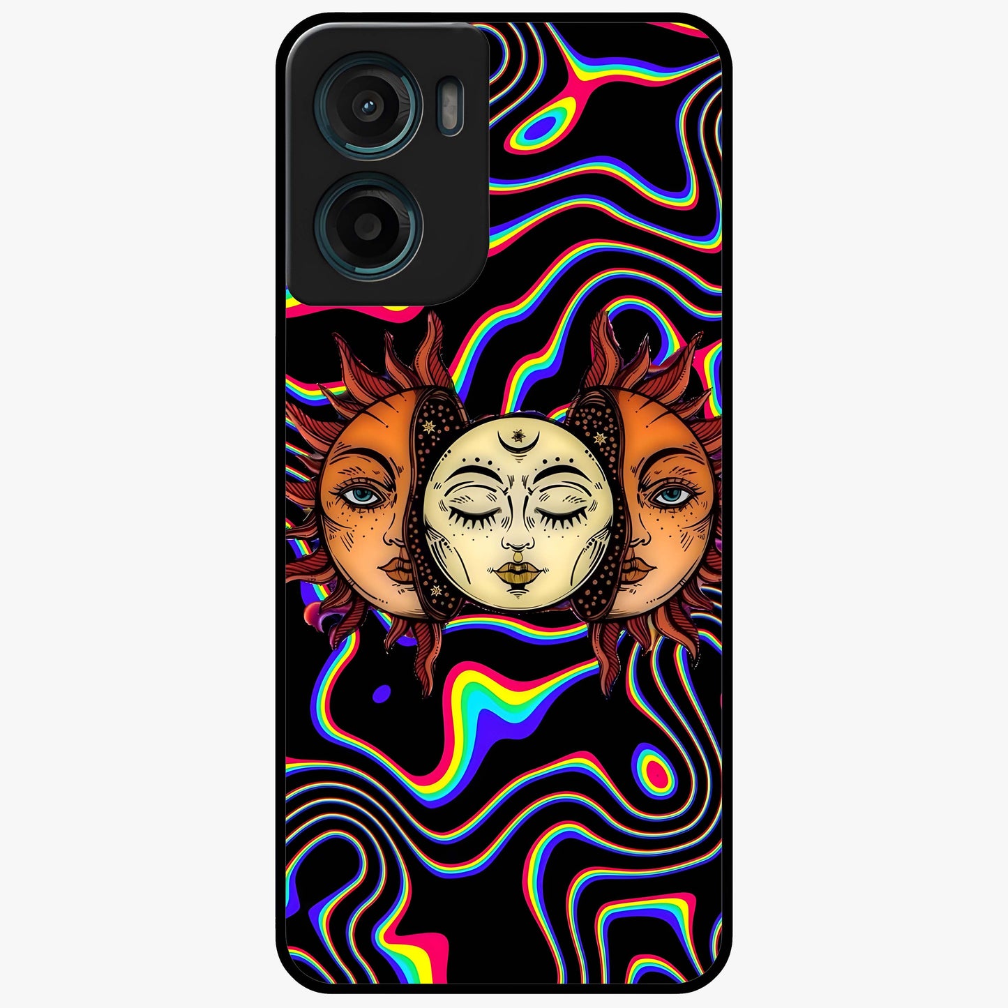 Psychedelic Sun Glass Case showing flat back view with colorful psychedelic sun artwork and glossy glass finish.