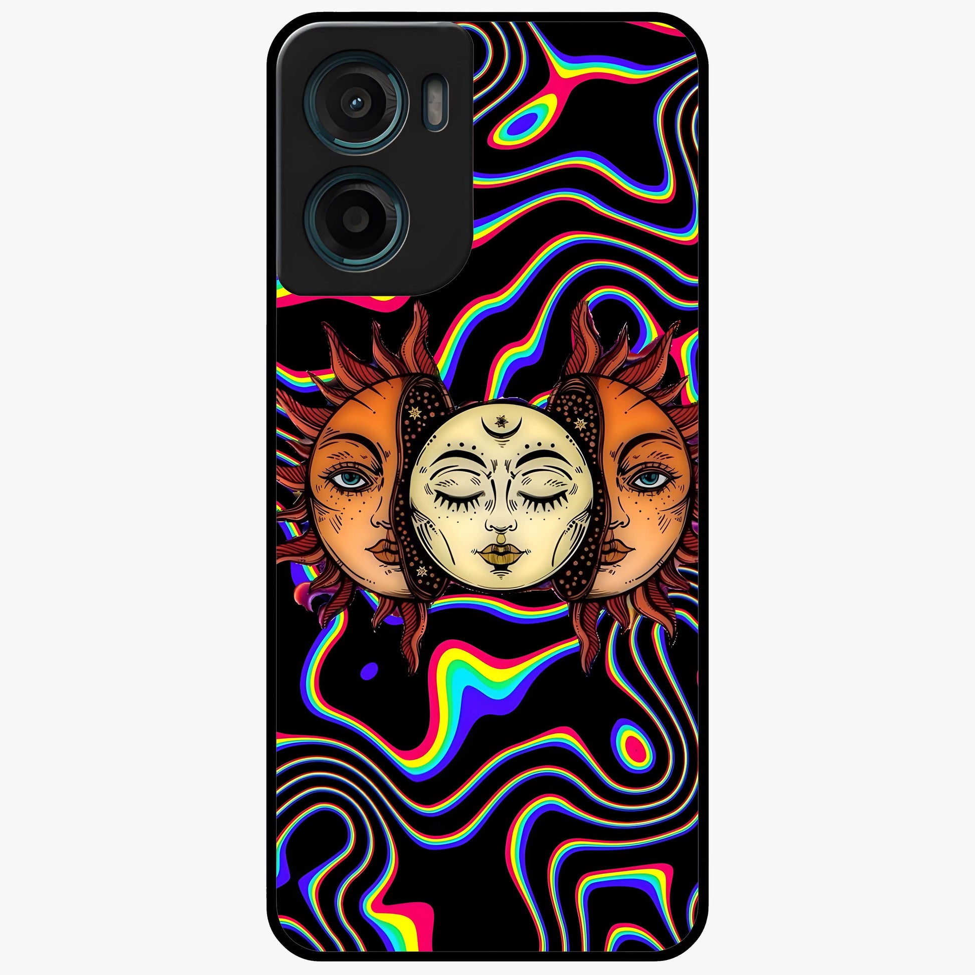 Psychedelic Sun Glass Case showing flat back view with colorful psychedelic sun artwork and glossy glass finish.