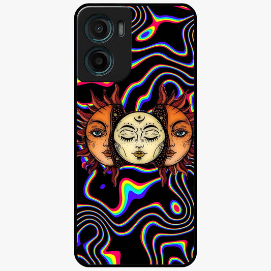 Psychedelic Sun Glass Case showing flat back view with colorful psychedelic sun artwork and glossy glass finish.
