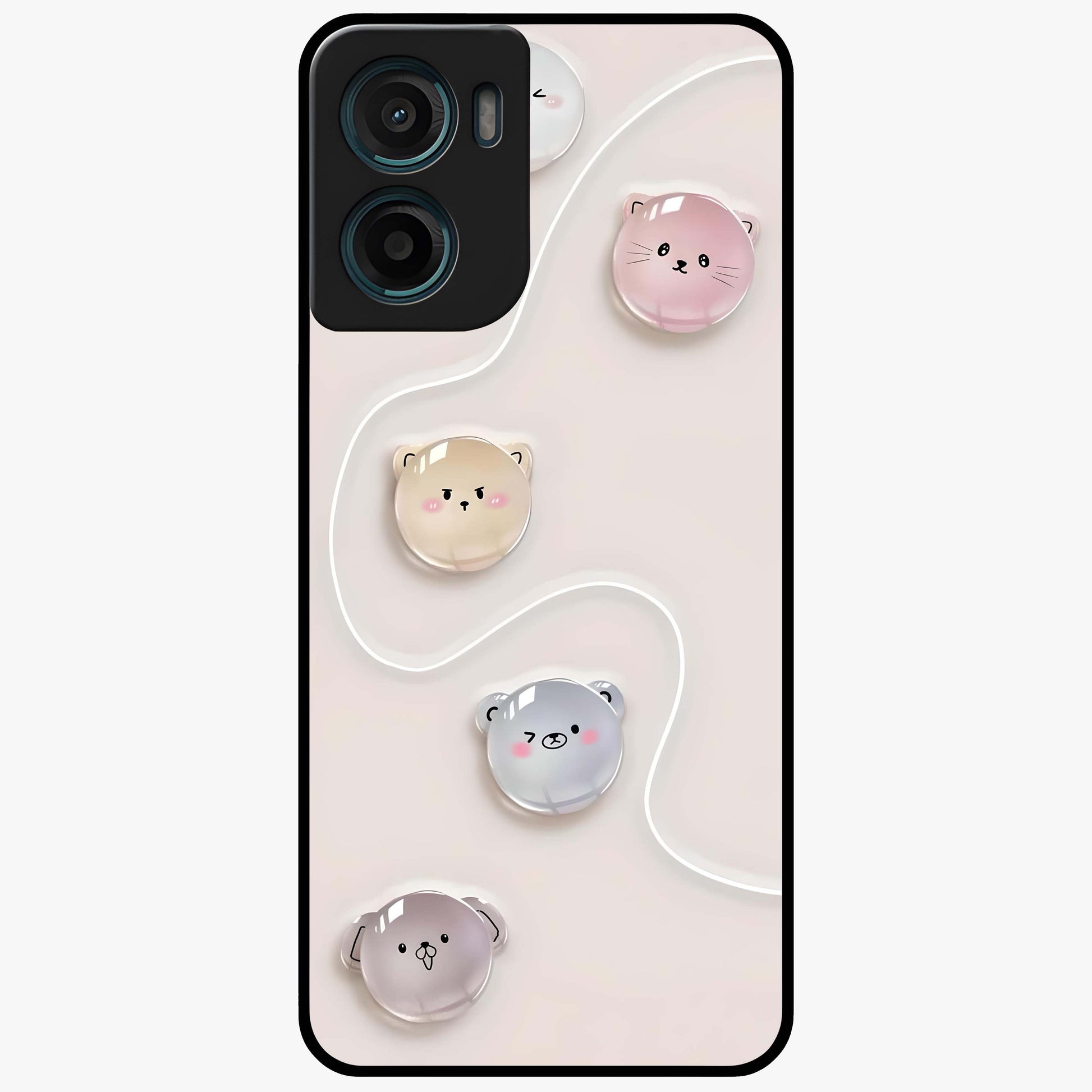 Puffy Face Parade Glass Case showing flat back view with cute puffy character faces artwork and glossy glass finish.