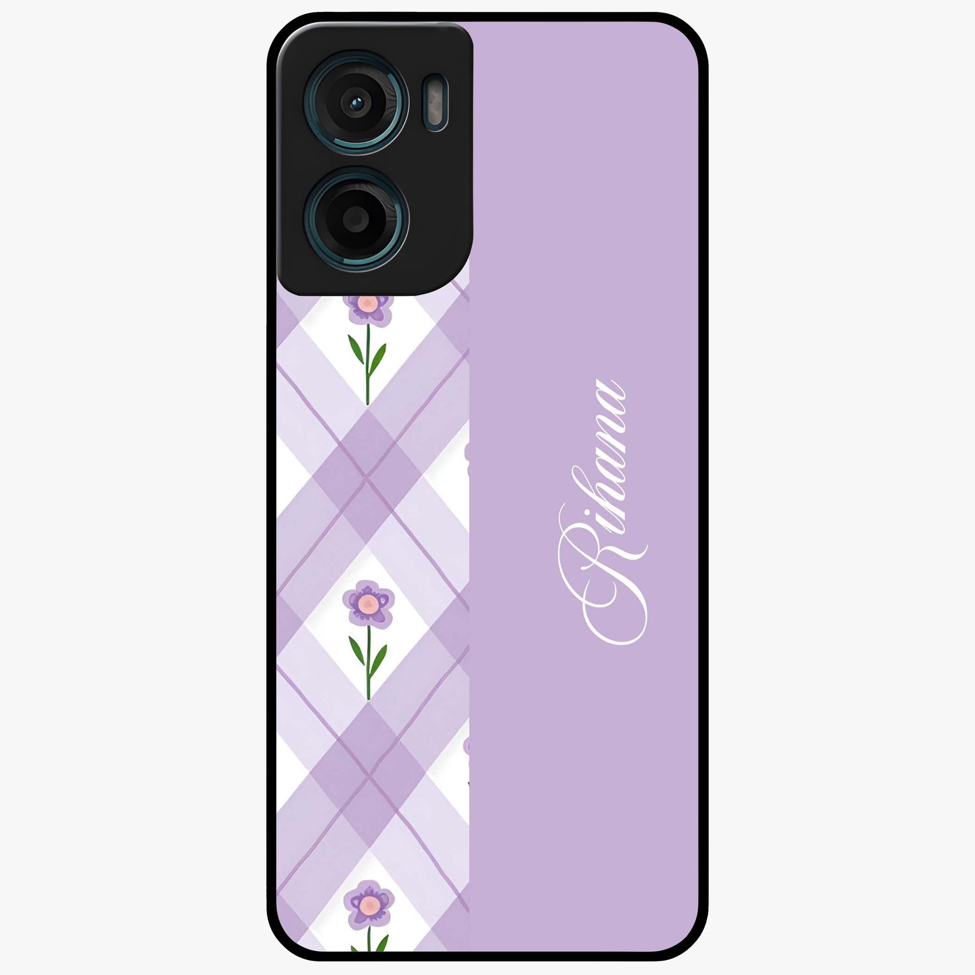 Purple Diamond Floral Glass Case showing flat back view with diamond shaped floral artwork and glossy glass finish.