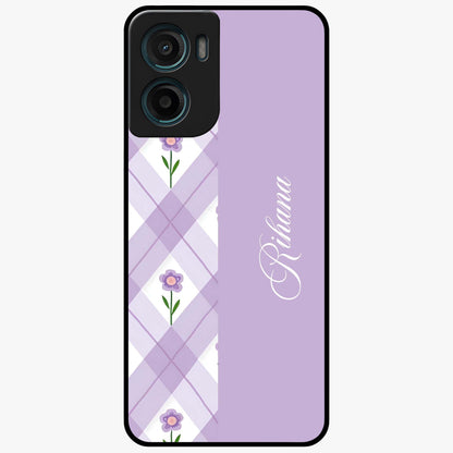 Purple Diamond Floral Glass Case showing flat back view with diamond shaped floral artwork and glossy glass finish.