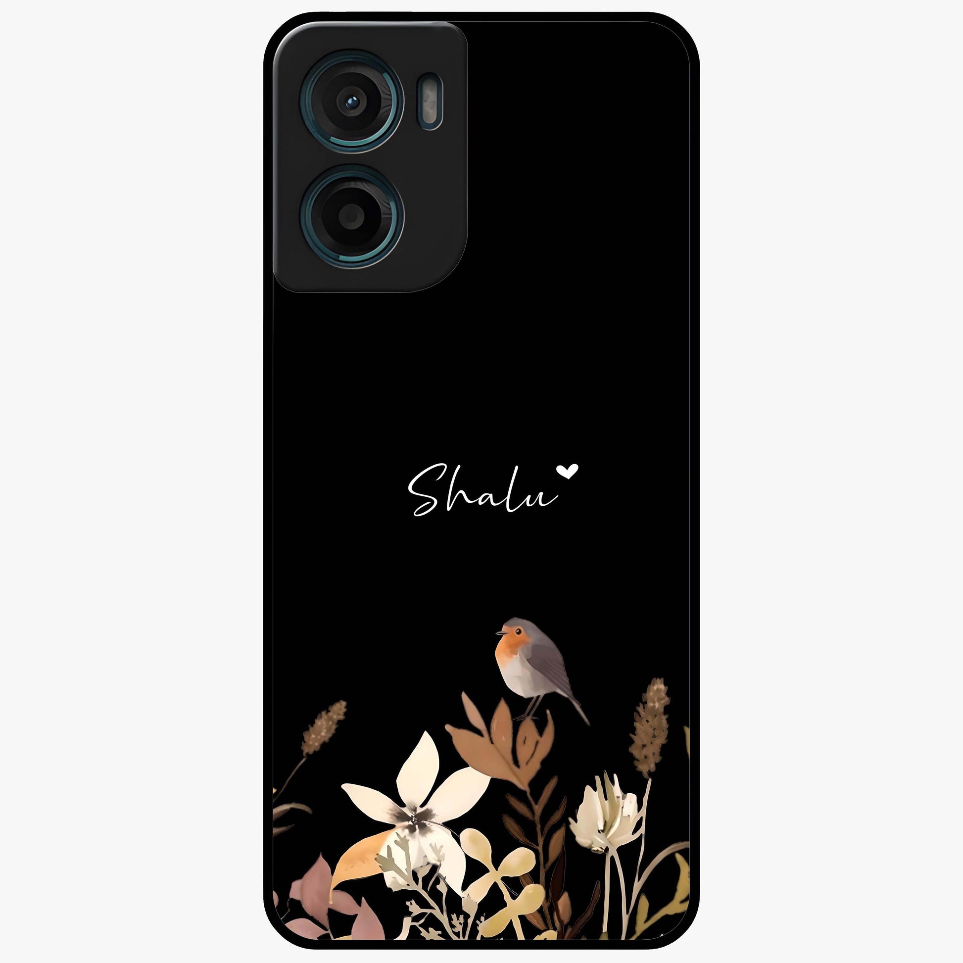 Quiet Garden Tune Custom Name Glass Case showing flat back view with peaceful garden artwork and personalized name design.