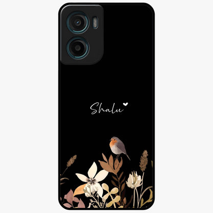Quiet Garden Tune Custom Name Glass Case showing flat back view with peaceful garden artwork and personalized name design.
