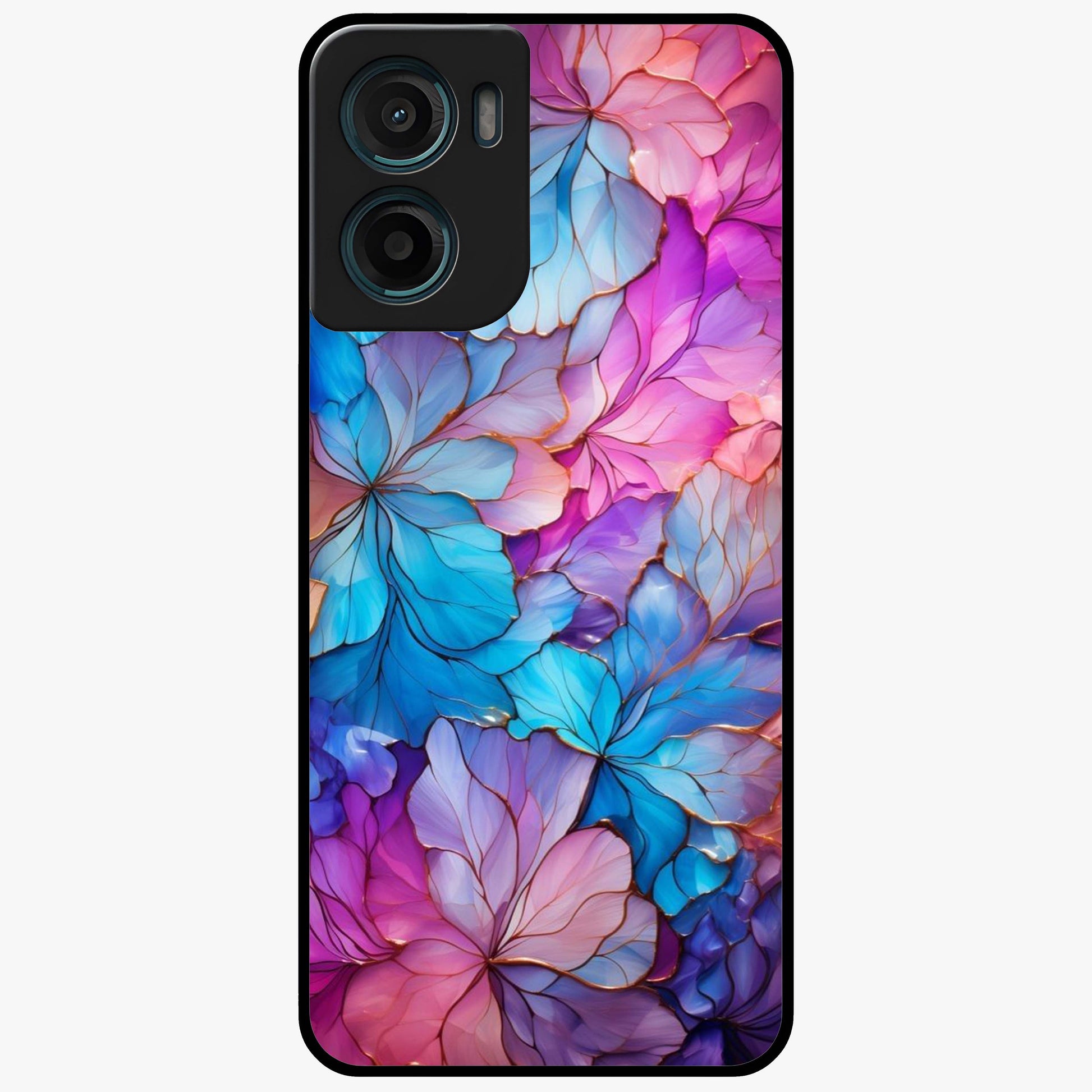 Radiant Floral Whirl Glass Case showing flat back view with swirling floral artwork and glossy glass finish.