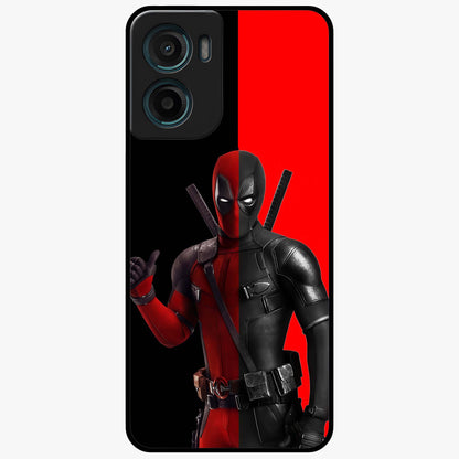 Red & Black Deadpool Theme Glass Case showing flat back view with bold comic inspired artwork and glossy glass finish.