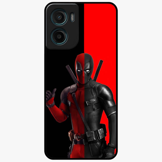 Red & Black Deadpool Theme Glass Case showing flat back view with bold comic inspired artwork and glossy glass finish.