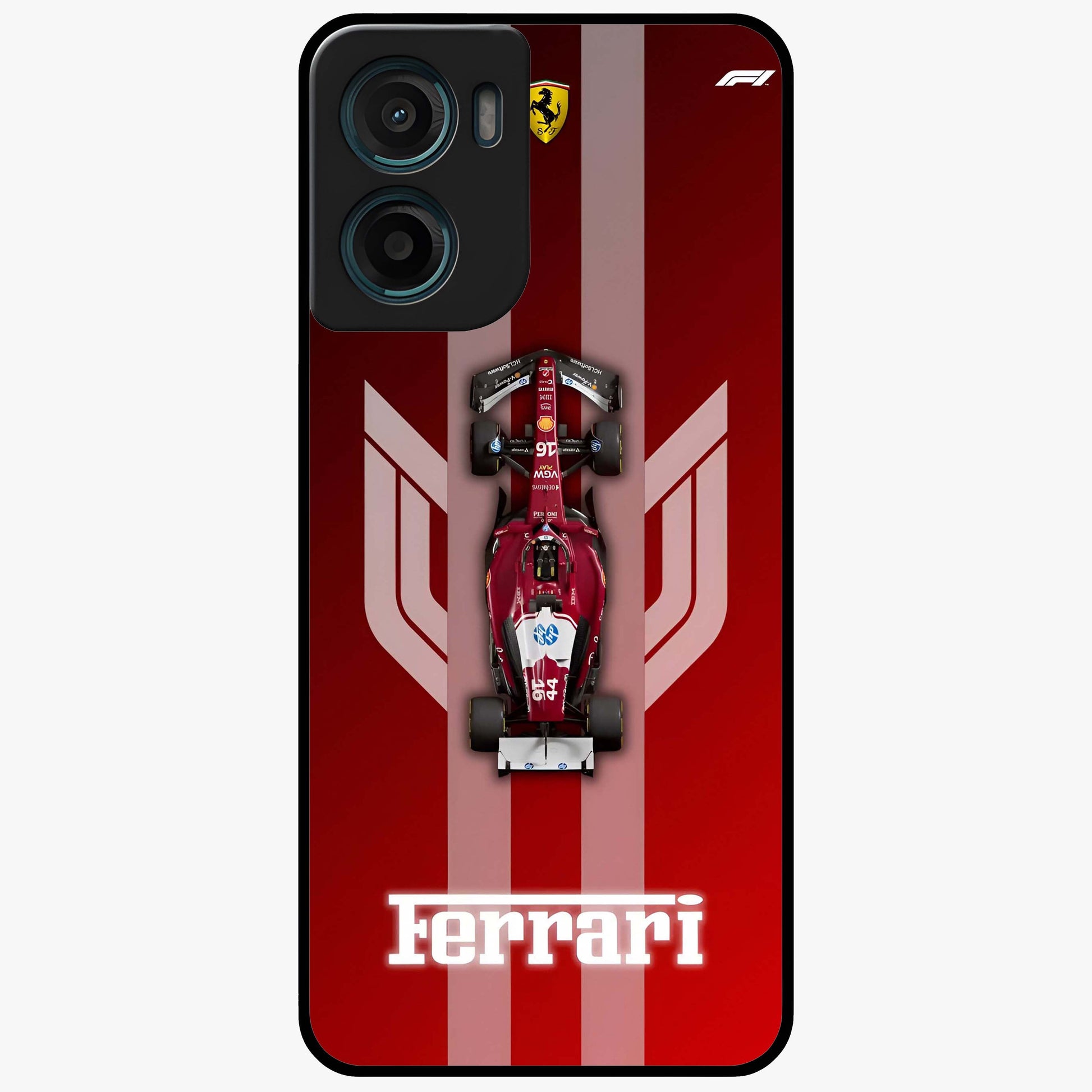 Red Ferrari F1 Vertical Glass Case showing flat back view with sleek Formula racing car artwork and glossy glass finish.