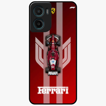 Red Ferrari F1 Vertical Glass Case showing flat back view with sleek Formula racing car artwork and glossy glass finish.