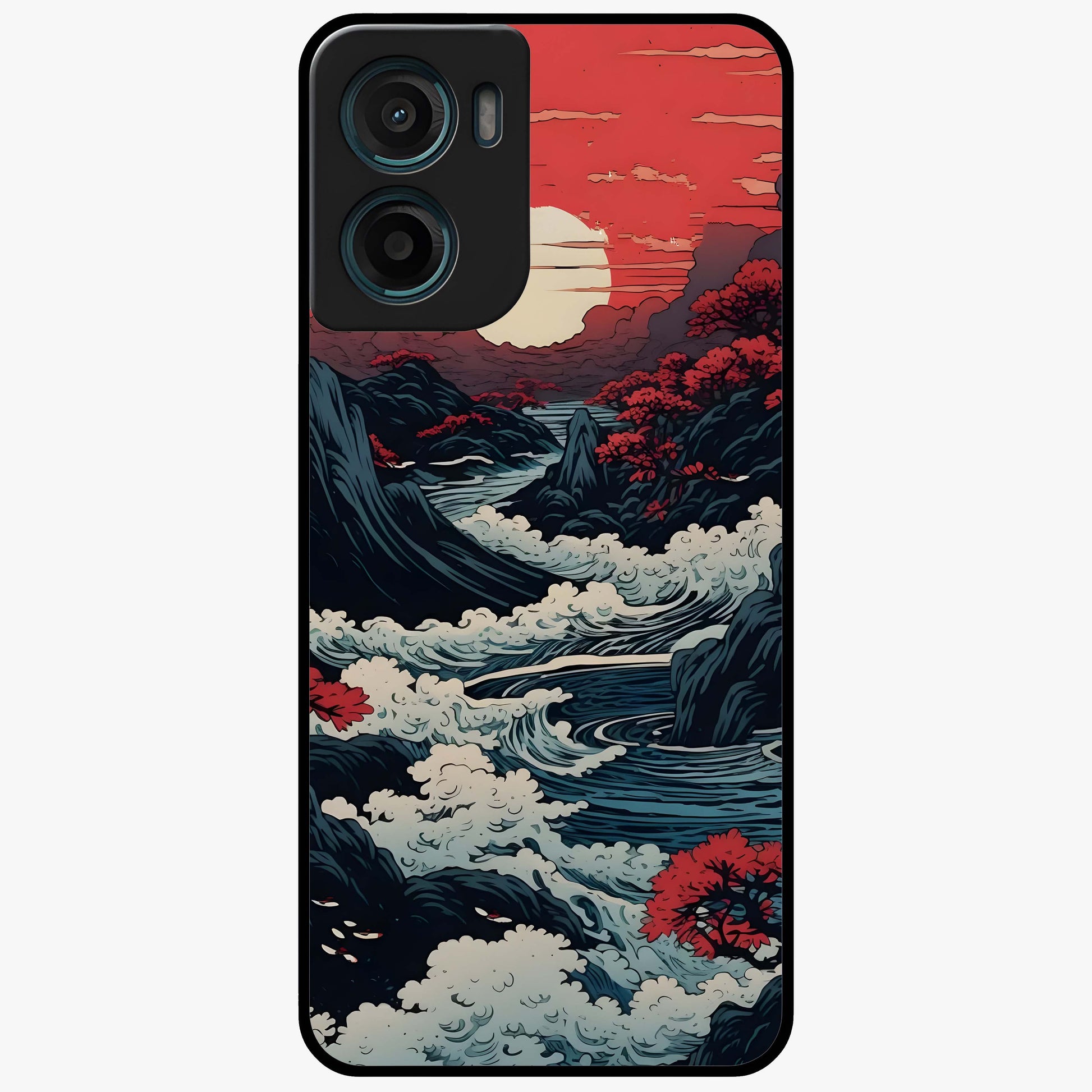 Red Sunset Scenery Glass Case showing flat back view with vibrant sunset landscape artwork and glossy glass finish.