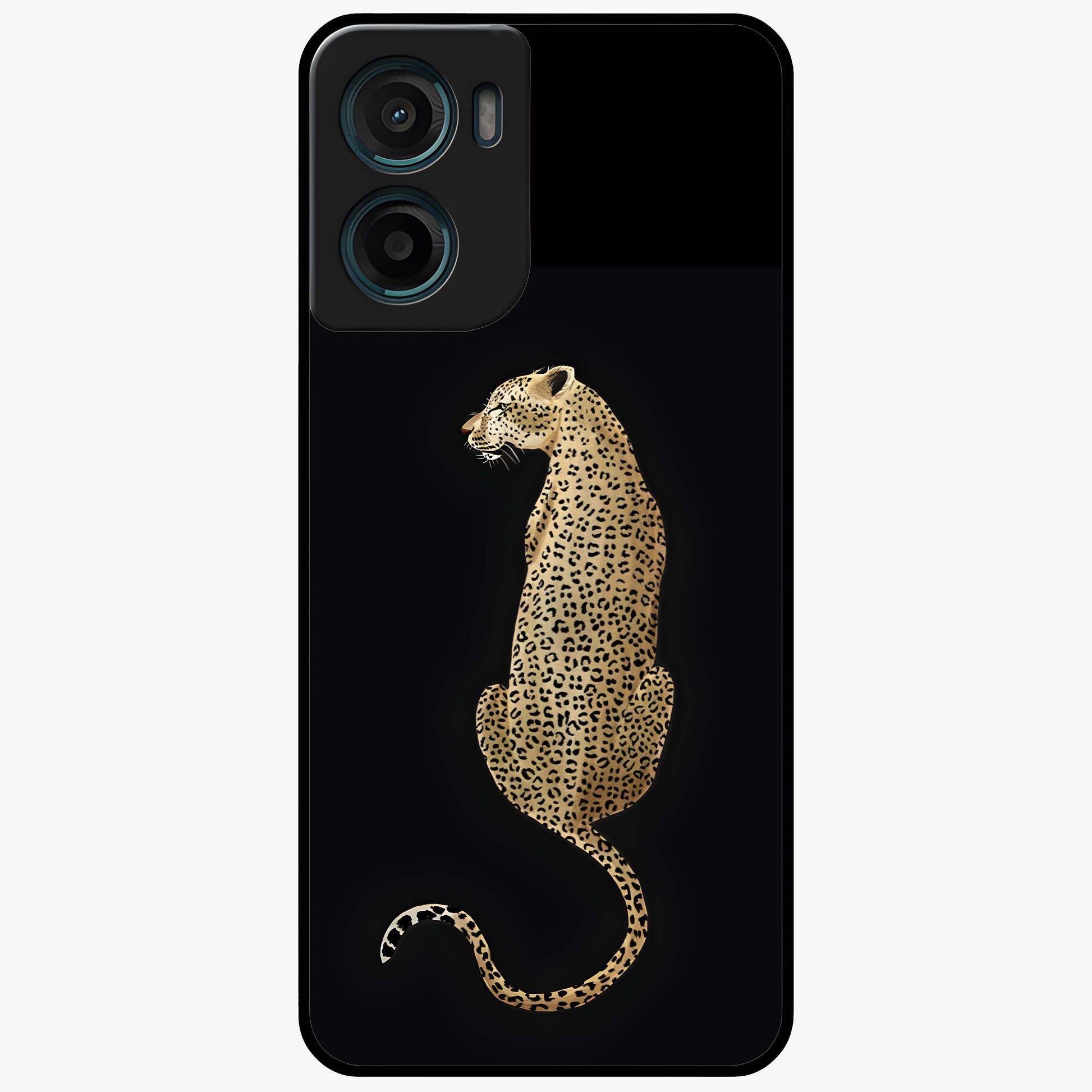 Regal Leopard Glass Case showing flat back view with bold leopard artwork and glossy glass finish.