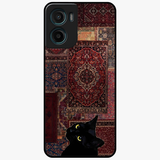 Regal Magic Cat Apple Glass Case showing flat back view with magical cat artwork holding apple and glossy glass finish.