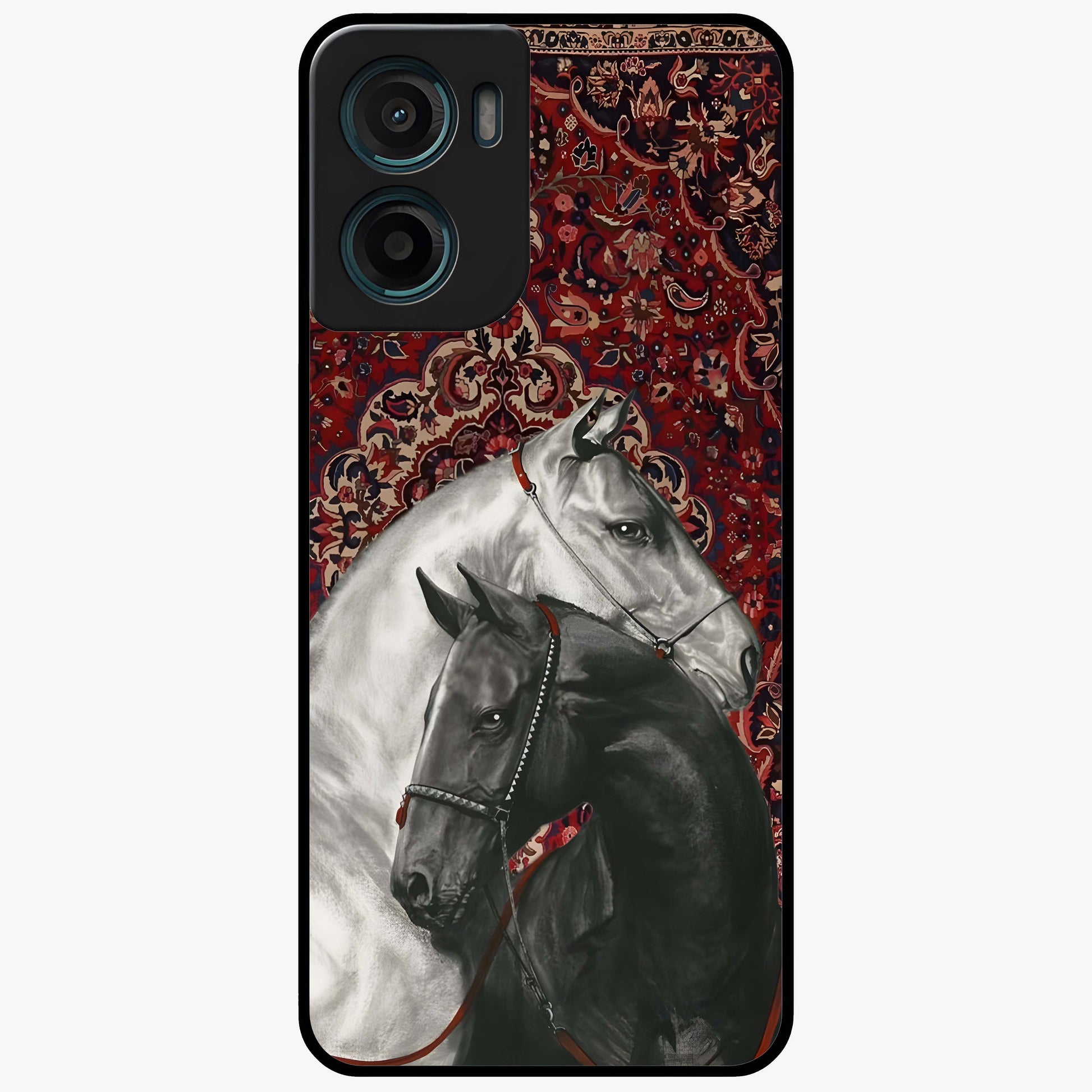 Regal Stallion Tapestry Glass Case showing flat back view with majestic horse tapestry artwork and glossy glass finish.