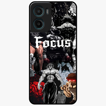 Relentless Power Focus Glass Case showing flat back view with motivational typography artwork and glossy glass finish.