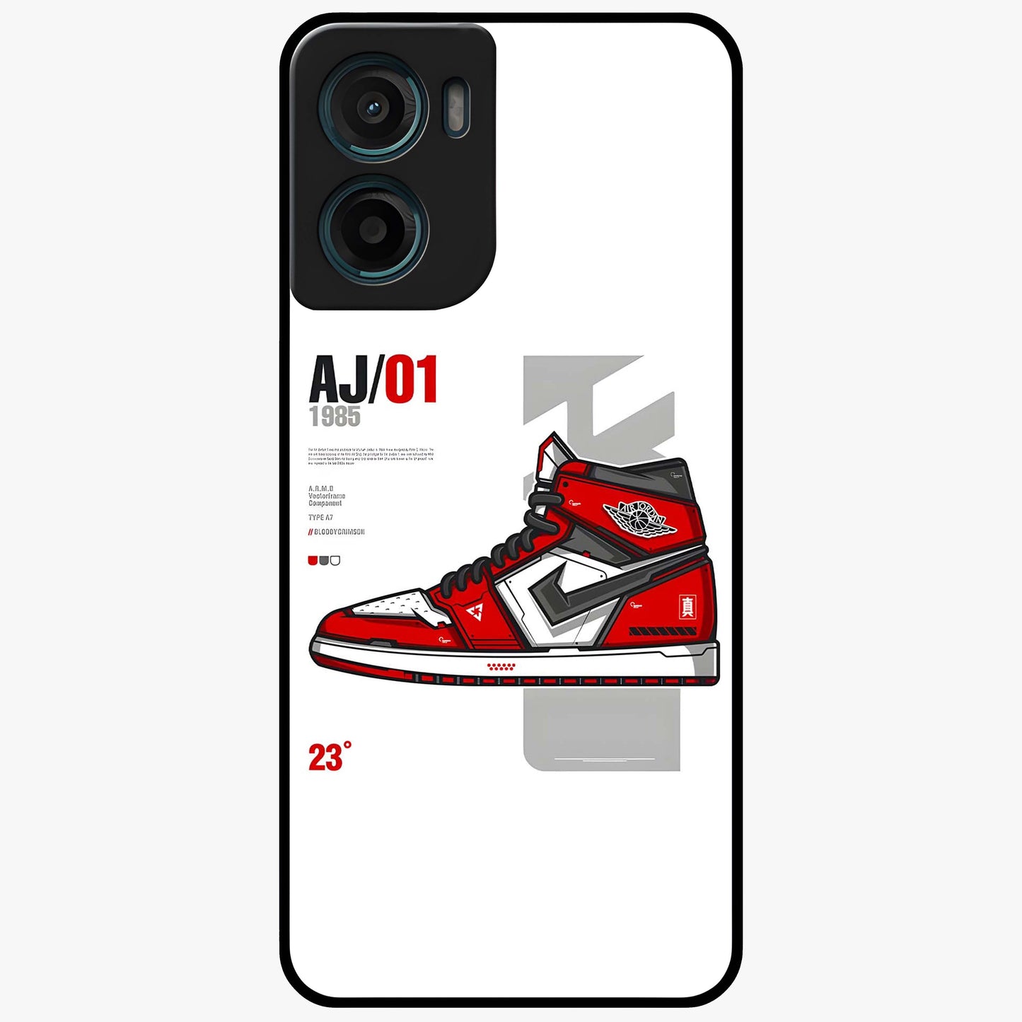 Retro Sneaker Blueprint Glass Case showing flat back view with sneaker blueprint style artwork and glossy glass finish.