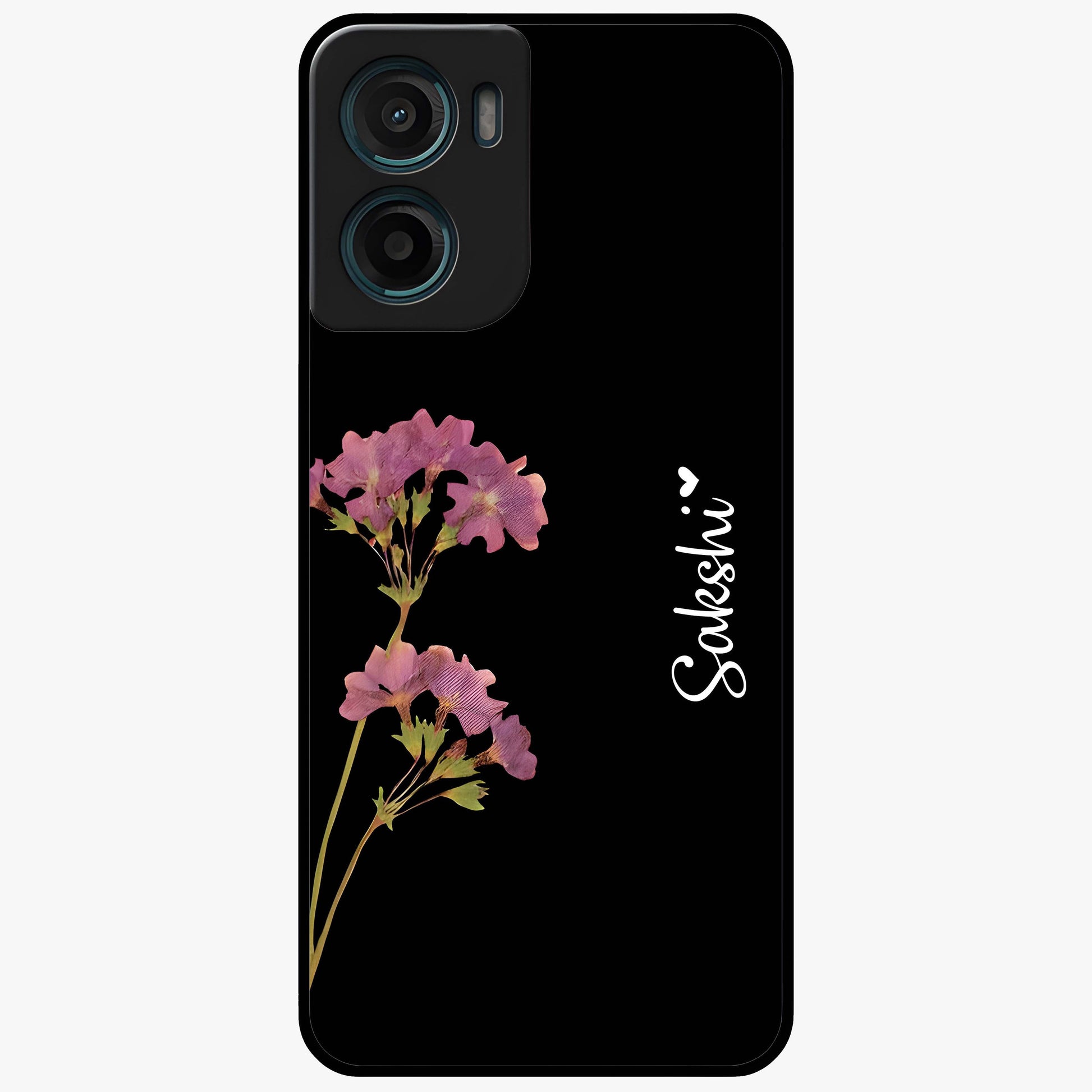Riching Lavender Flower Custom Name Glass Case showing flat back view with lavender floral artwork and personalized name design.