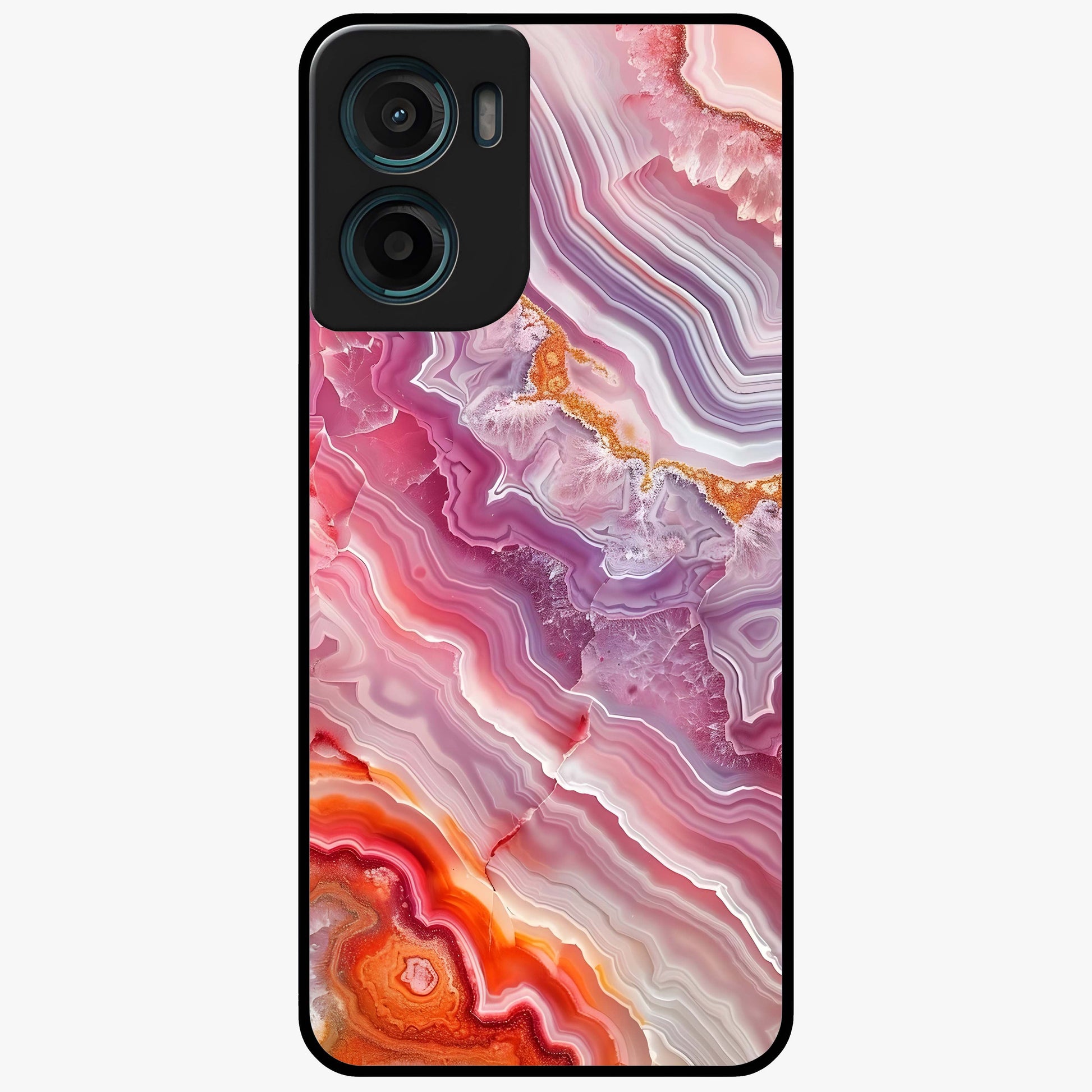 Rose Quartz Marble Glass Case showing flat back view with pink marble quartz texture artwork and glossy glass finish.