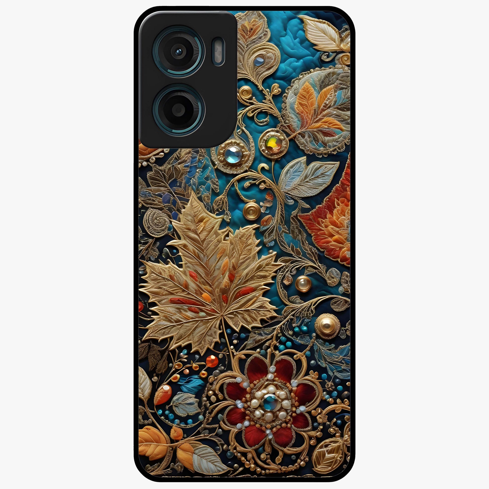 Royal Jewel Garden Glass Case showing flat back view with decorative floral garden artwork and glossy glass finish.
