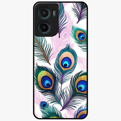 Royal Peacock Feathers Glass Case showing flat back view with colorful peacock feather artwork and glossy glass finish.