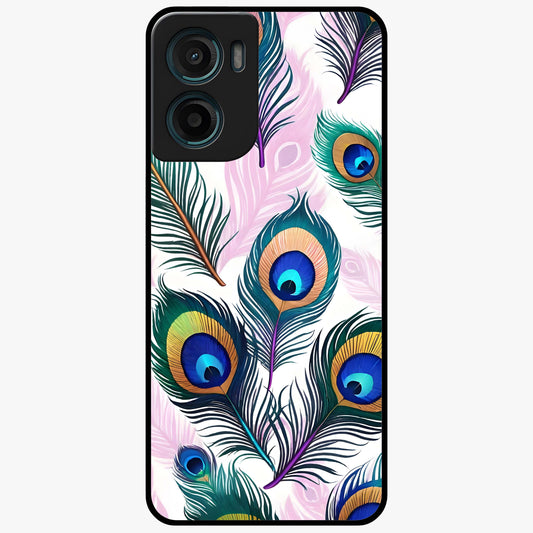 Royal Peacock Feathers Glass Case showing flat back view with colorful peacock feather artwork and glossy glass finish.