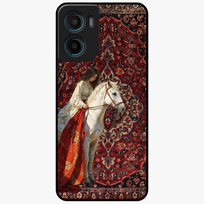 Royal Rider Tapestry Glass Case showing flat back view with majestic horse rider tapestry artwork and glossy glass finish.