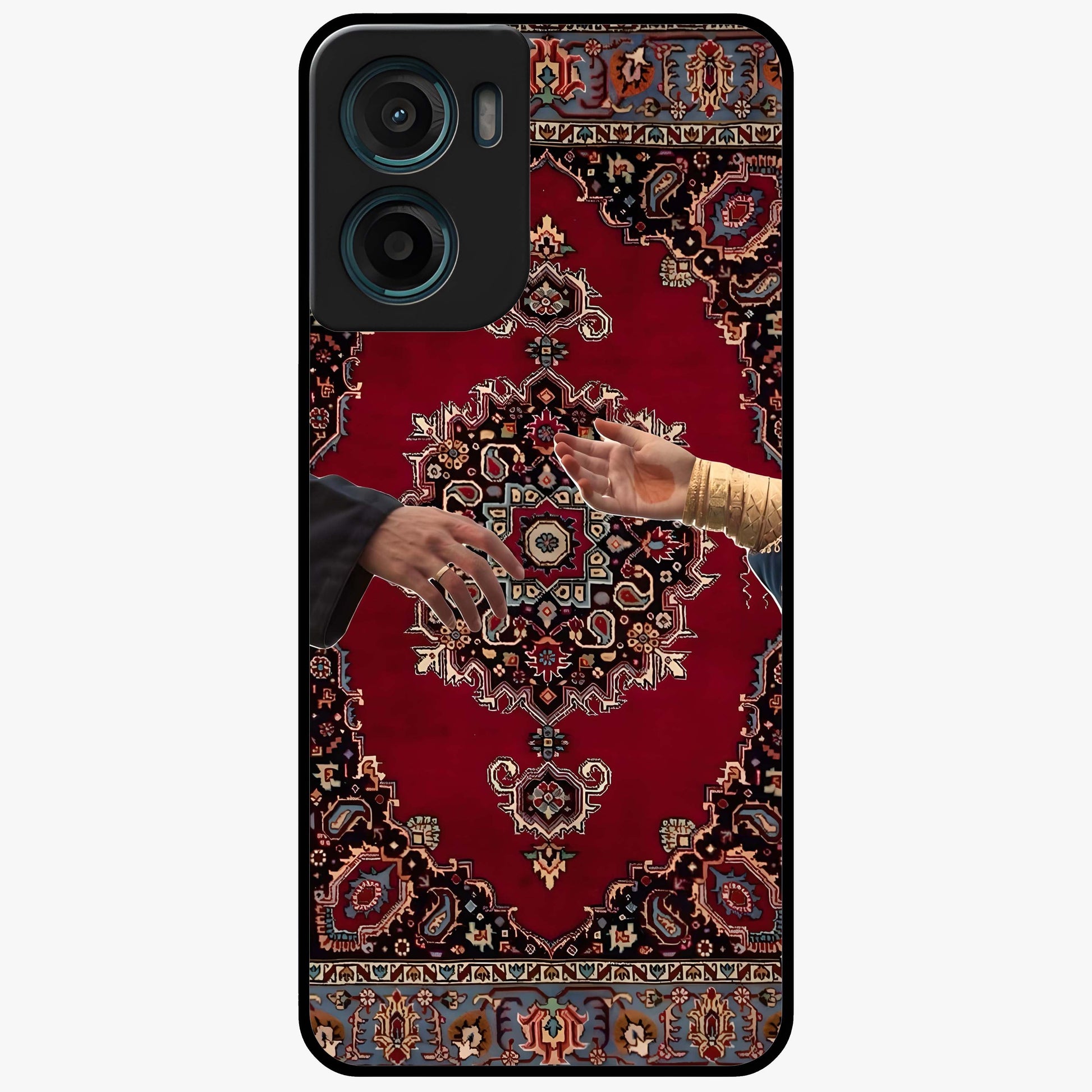 Royal Touch Reach Glass Case showing flat back view with elegant royal themed artwork and glossy glass finish.