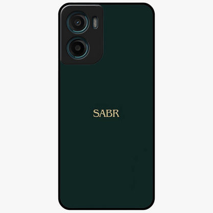 Sabr Minimal Patience Glass Case showing flat back view with minimalist typography artwork and glossy glass finish.
