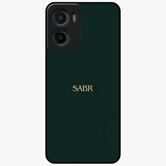 Sabr Minimal Patience Glass Case showing flat back view with minimalist typography artwork and glossy glass finish.