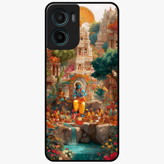 Sacred Sunlight Gods Glass Case showing flat back view with divine sunlight themed artwork and glossy glass finish.