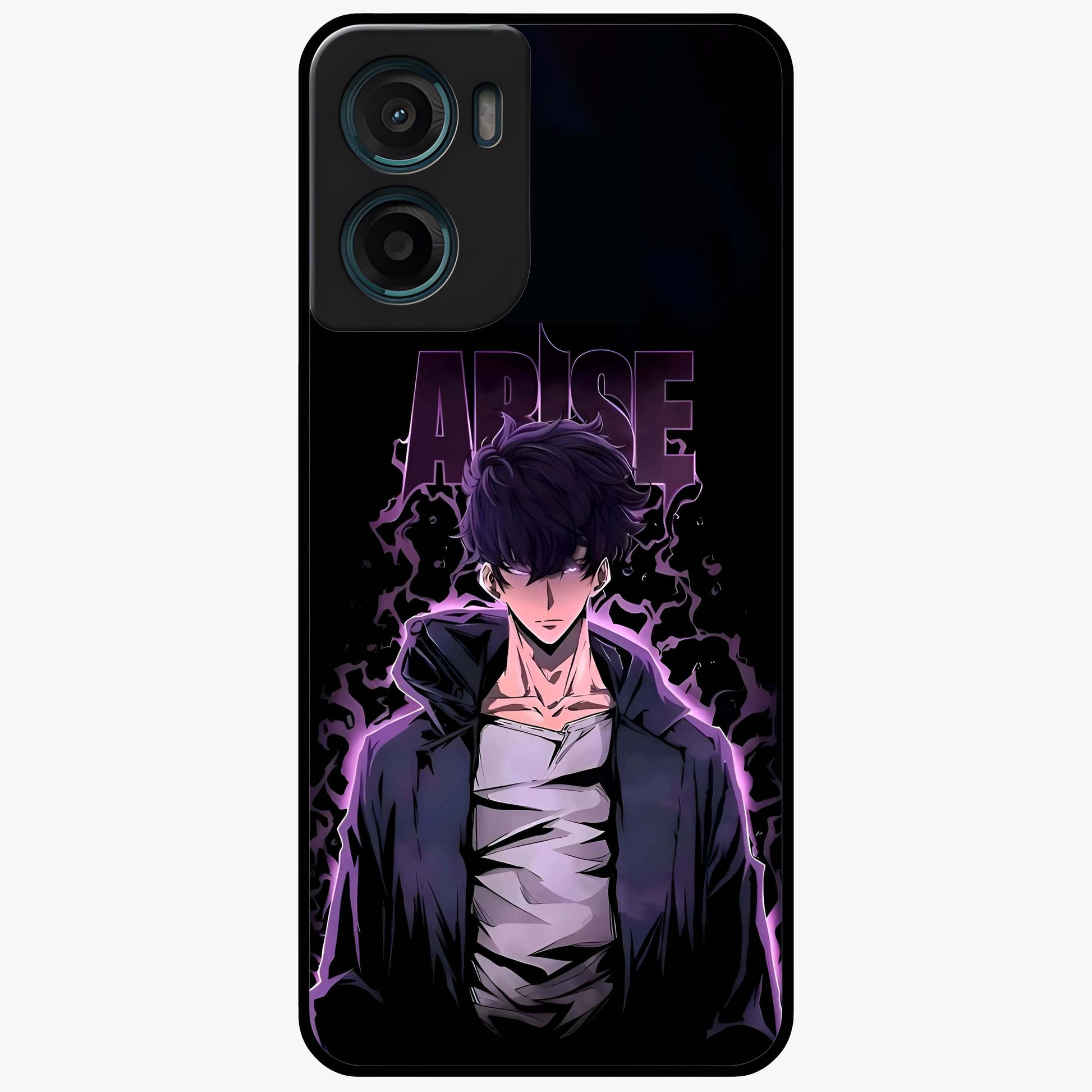 Shadow Monarch Awakening Glass Case showing flat back view with powerful dark monarch themed artwork and glossy glass finish.