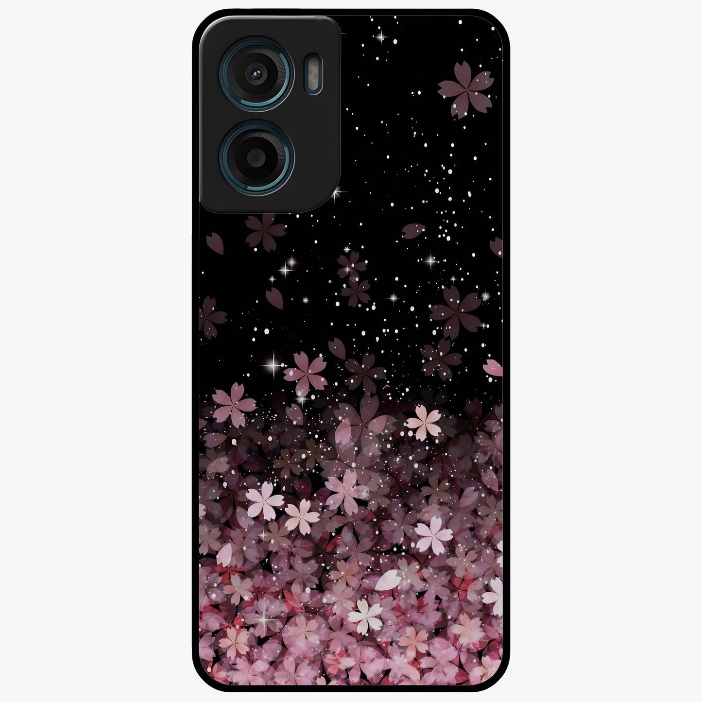Small Starry Flowers Glass Case showing flat back view with delicate starry floral artwork and glossy glass finish.