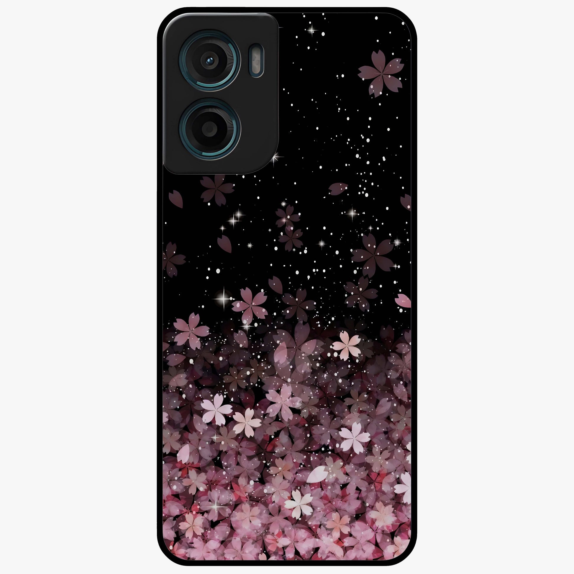 Small Starry Flowers Glass Case showing flat back view with delicate starry floral artwork and glossy glass finish.