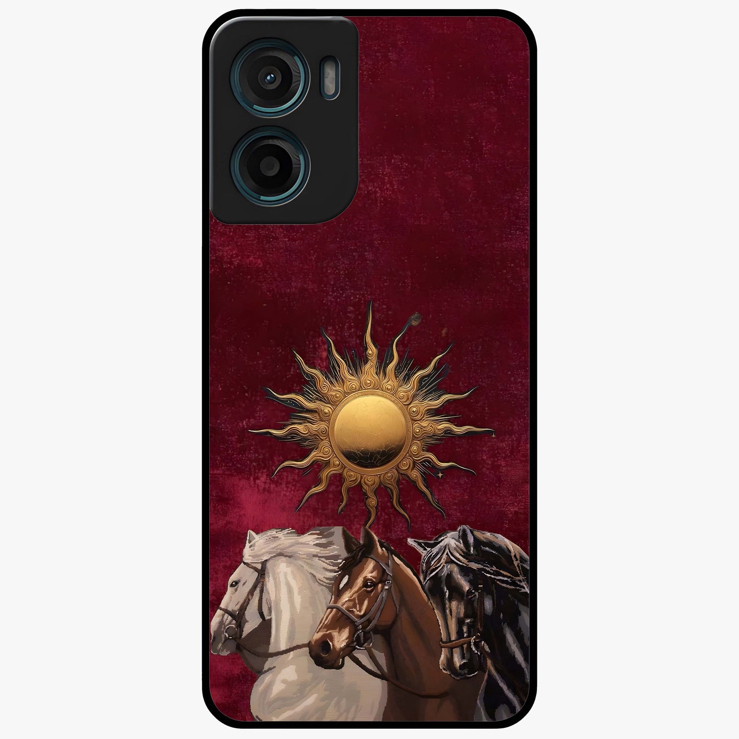 Solar Riders Glass Case showing flat back view with dynamic rider themed artwork and glossy glass finish.
