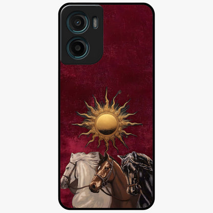 Solar Riders Glass Case showing flat back view with dynamic rider themed artwork and glossy glass finish.